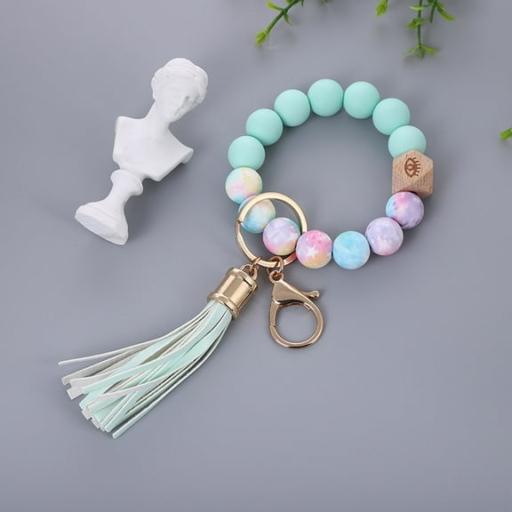 Stylish Silicone Keychain Beaded Wristlet Key Ring Bracelet for Women with Elegant Leather Tassel Accessory