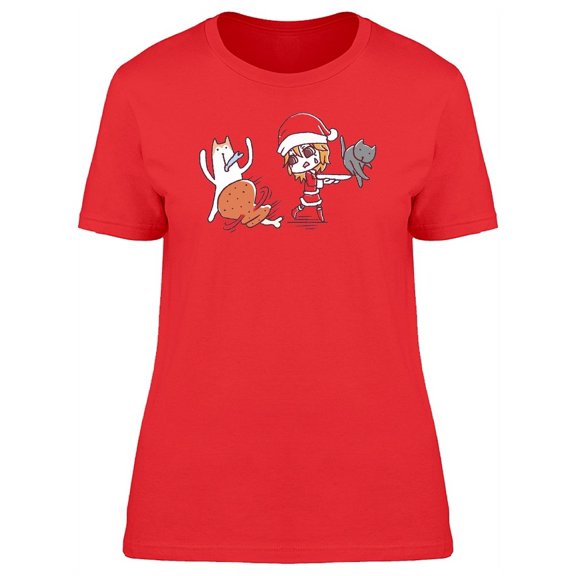 Funny Xmas Girl, Dog And Kitten Tee Women's - Women T-Shirt, 2XL