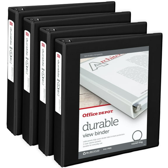 Office Depot® Brand Durable View 3-Ring Binder, 1 1/2" Round Rings, Black, Pack Of 4