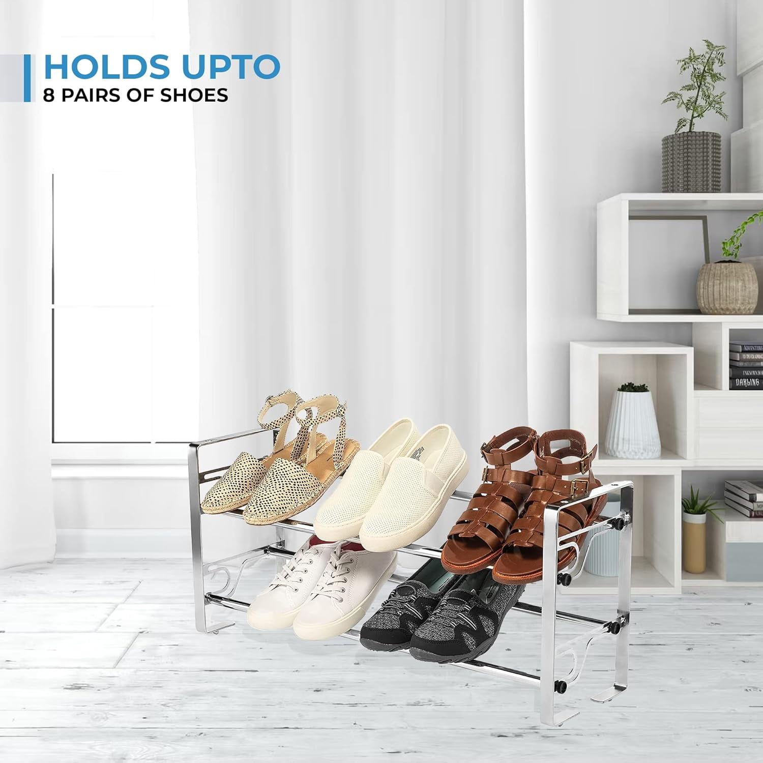 USTECH 2-Tier Metal Shoe Rack, Chrome Adjustable Shoe Storage Organizer with Slide-and-Adjust Shelves, Space-Saving Design, Easy Setup