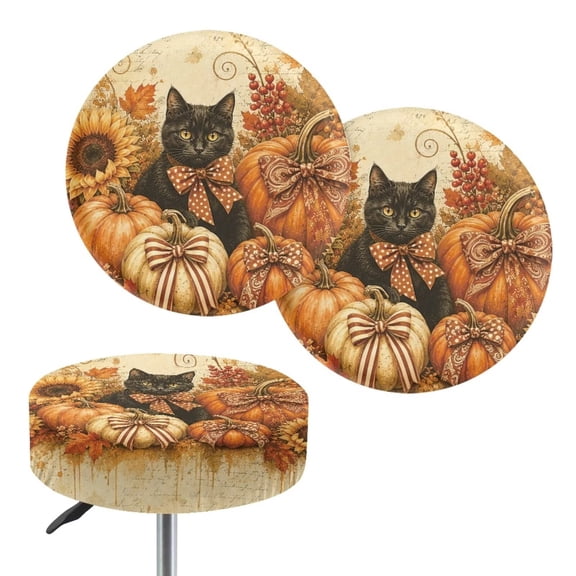 XYZCANDO Vintage Fall Black Cat Pumpkin Round Bar Stool Seat Covers, Washable Stretch Stool Slipcovers for Kitchen Dining Cafe Bar Chairs Autumn Home Decor, 2 Pack