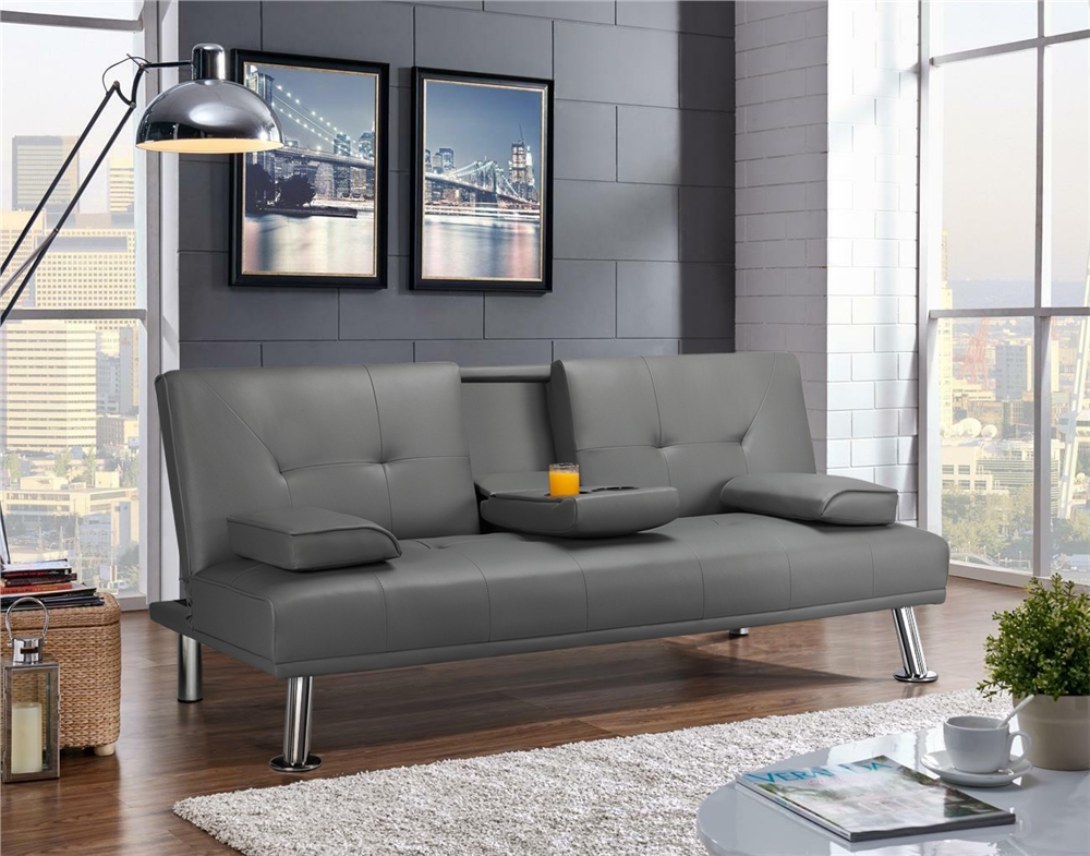 Topeakmart Modern Faux Leather Futon Sofa Bed Home Recliner Couch Home Furniture with Armrest Gray - image 4 of 15