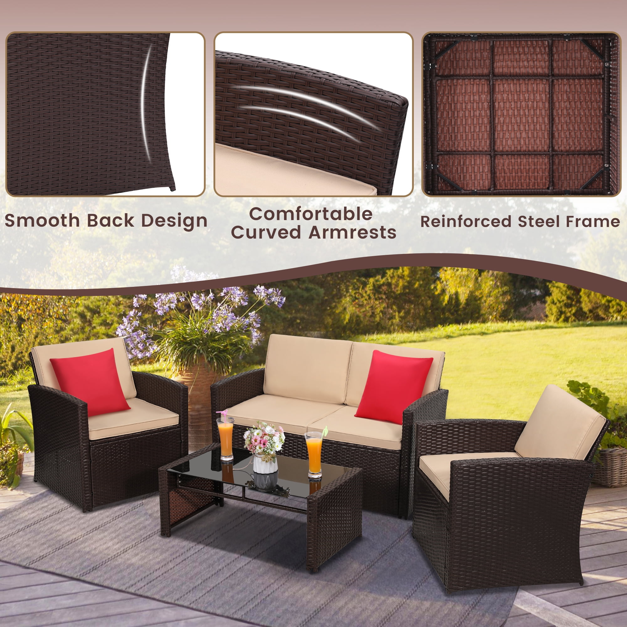 TUAREX Outdoor 4 Piece Wicker Patio Furniture Set, Waterproof Rattan Sectional Sofa with Thick Cushions, Perfect for Patio, Garden, Porch & Backyard, Brown Rattan and Beige Cushion