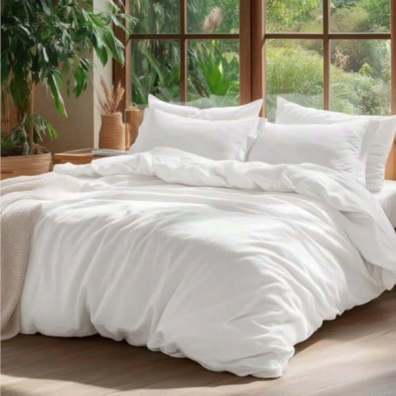 100 Washed Cotton Duvet Cover Queen Size - Natural White Minimalist Cotton Duvet Cover Linen Like for All Seasons - GentleSoft Plain Simple Bedding Natural White Queen 90x90
