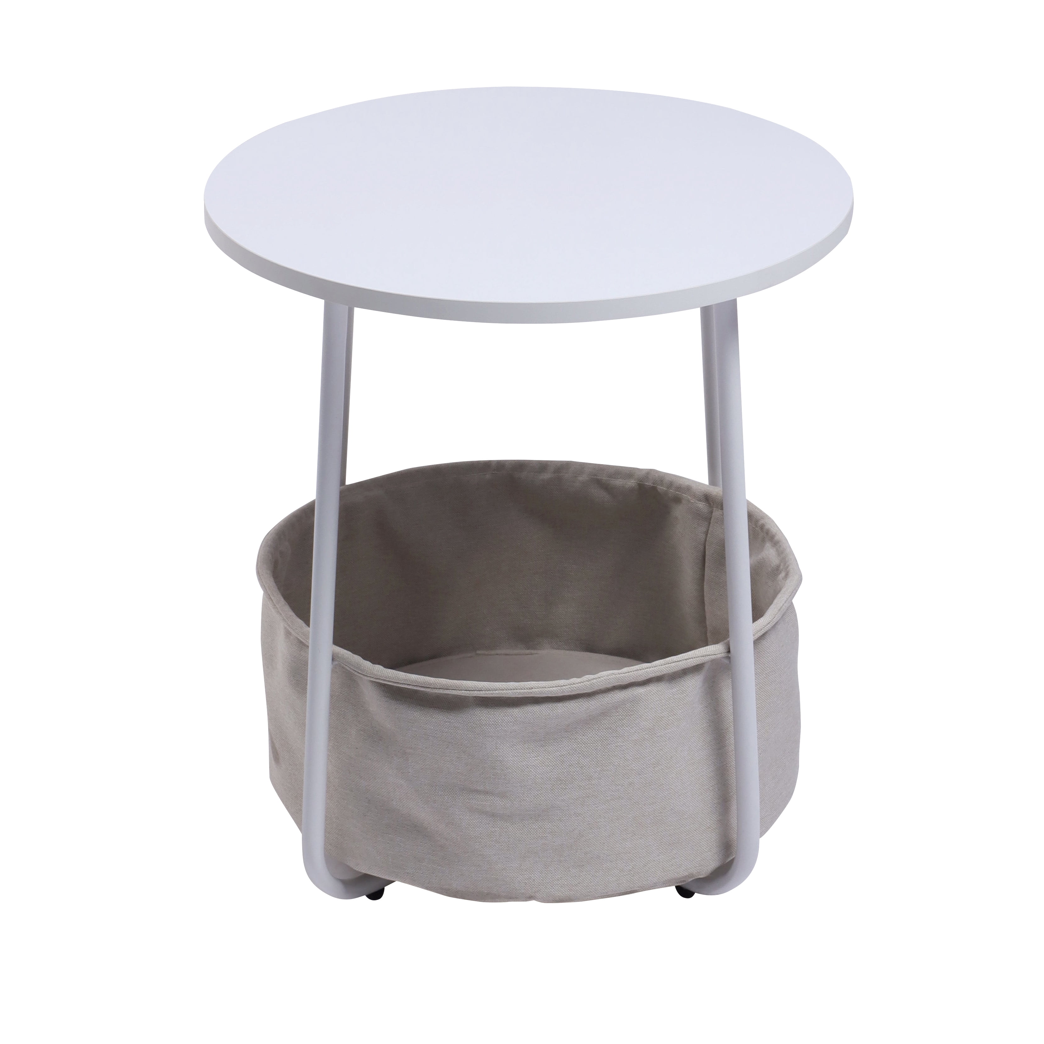 Homy Casa Round End Table with Storage Basket, Accent Table for Reading Nook, White