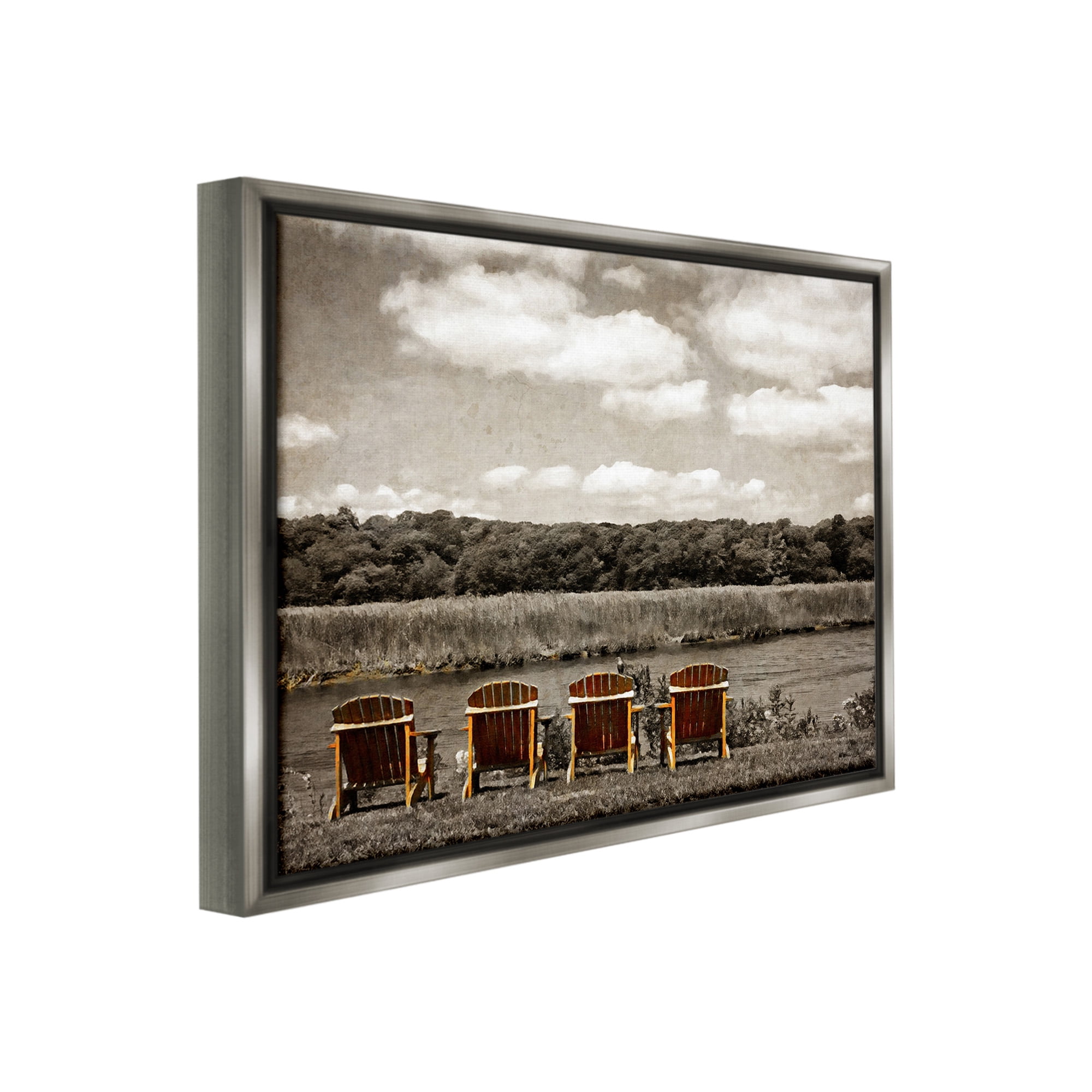 Stupell Industries Adirondacks Lake View Landscape Painting Gray Floater Framed Canvas Art Print Wall Art, 21 x 17