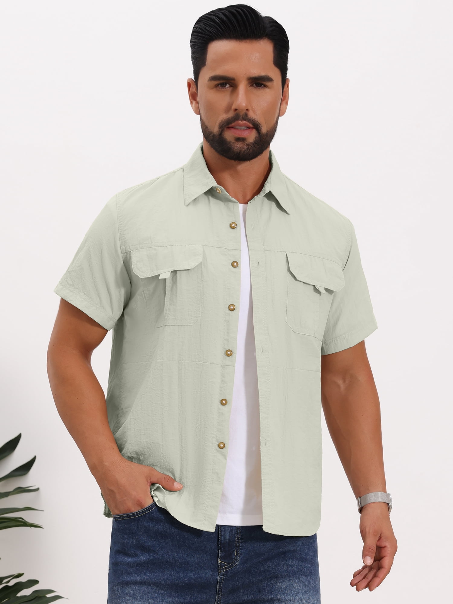 DARING DIVA Men's Solid Cargo Short Sleeve Button Down Utility Shirts M White