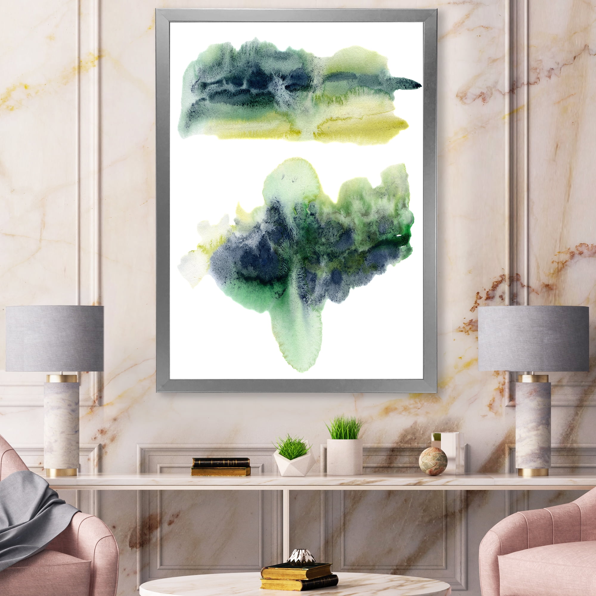 Designart 'Golden Green Abstract Clouds IV' Modern Framed Art Print