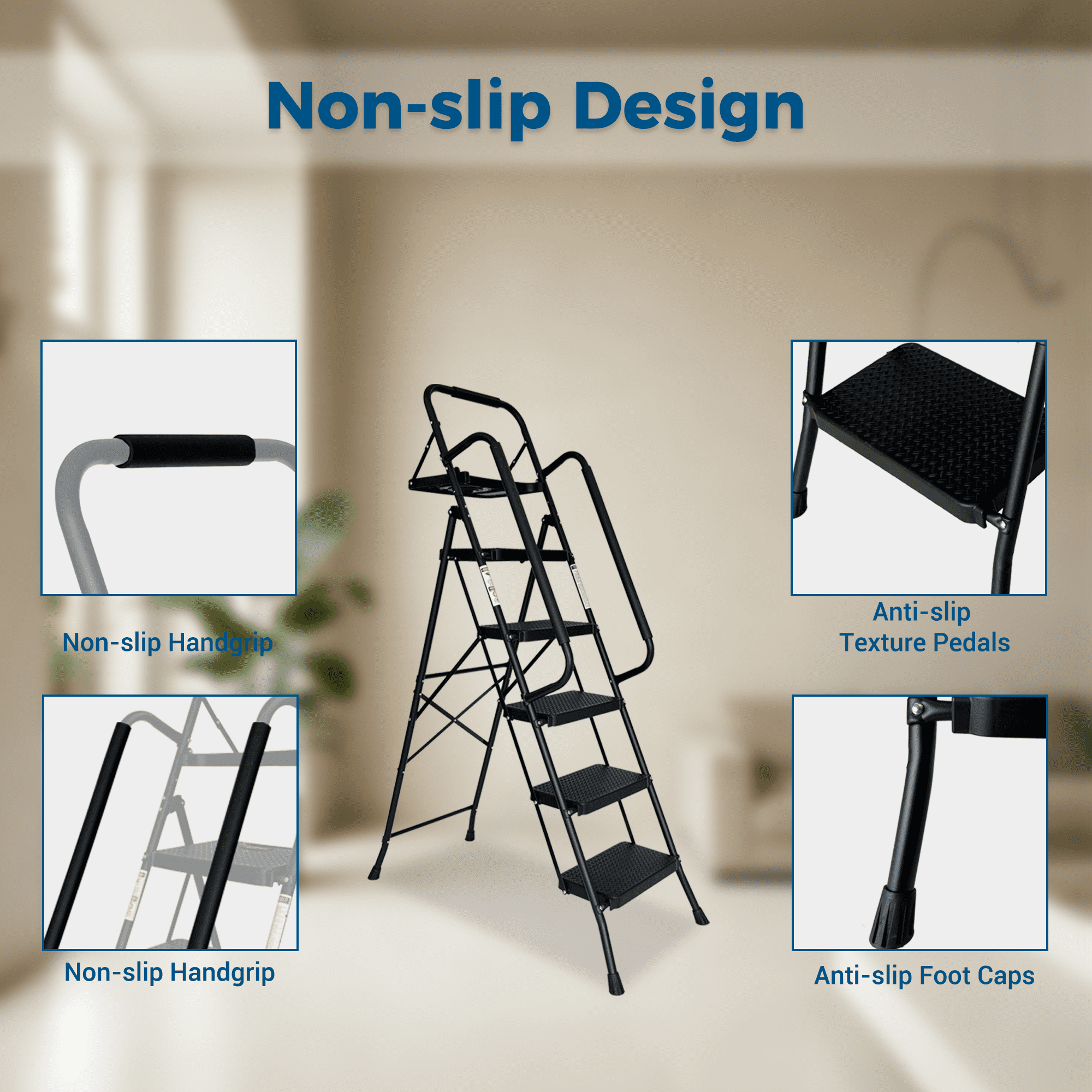 Step Ladder, Folding Step Stool with Wide Anti-Slip Pedal, Sturdy Steel Ladder, Convenient Handrail, Lightweight, Portable Steel Step Stool