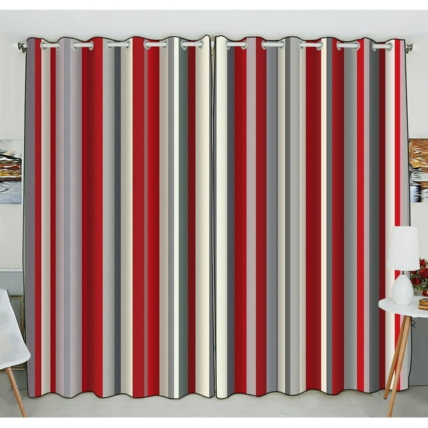Gckg Red Gray Vertical Stripes Window Curtain Kitchen Size 52 W X 84 Inches Two Piece Com Gckg Red Gray Vertical Stripes Window, Red And Gray Curtains