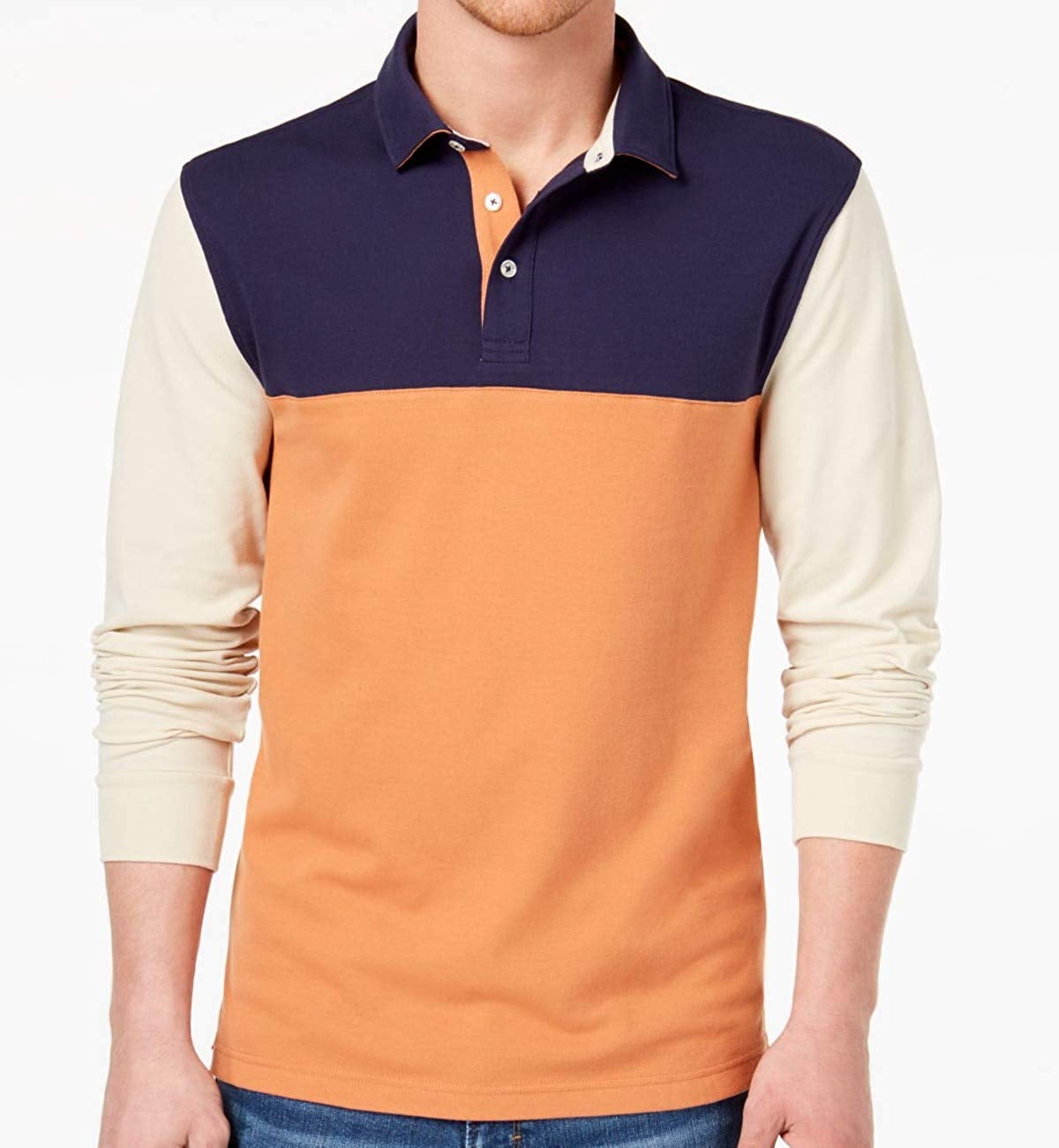 Club Room Orange Men Colorblock Long Sleeve Polo Shirt