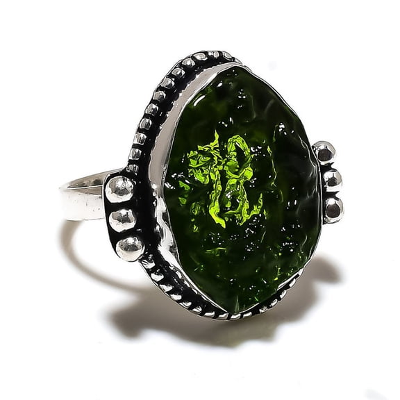 Natural Moldavite Quartz Gemstone 925 Sterling Silver Gift Ring Size 10