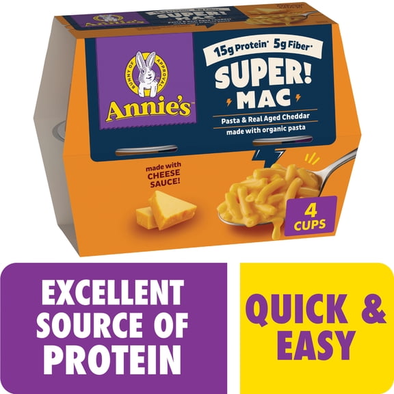 Annie's Super! Mac Microwave Protein Pasta and Real Aged Cheddar Cups, 4 Count, 11.44 oz