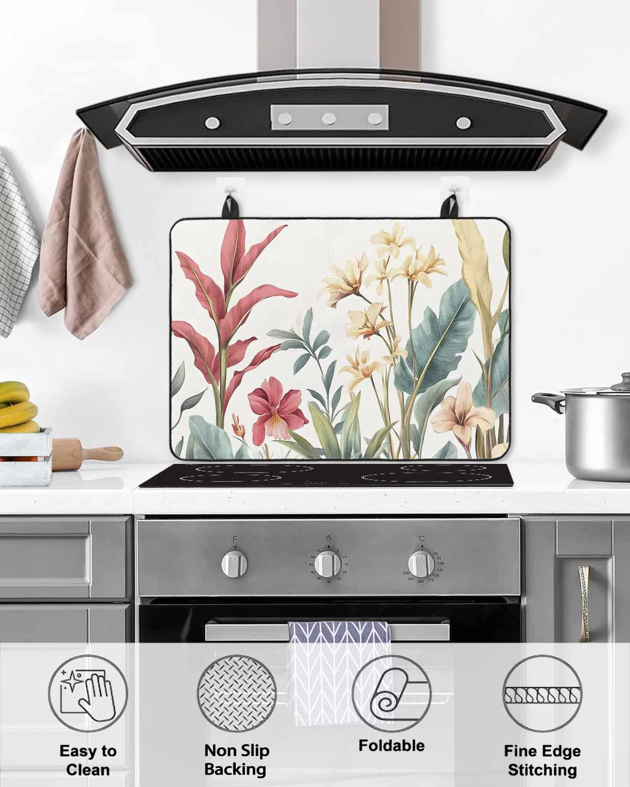 nqOlkjepod Large Induction Cooktop Protector Mat 24"x21", Yellow Red Floral Stove Top Covers for Electric Stove, Tropical Leaves Vintage Decorative Stove Burner Cover Mats, Glass Top Stove Cover