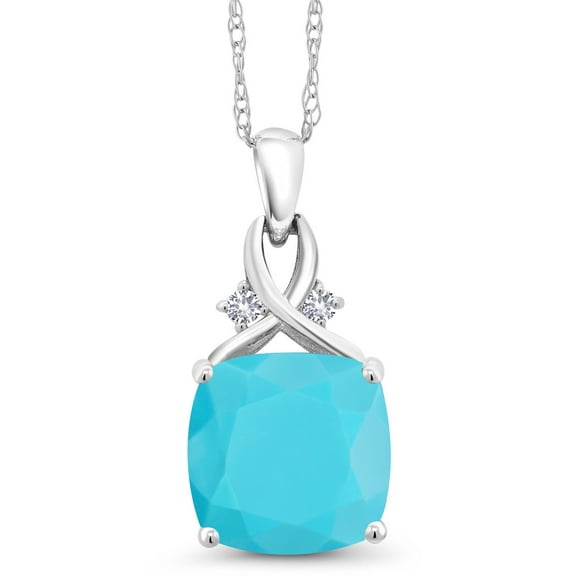Gem Stone King 10K White Gold Green Turquoise and White Created Sapphire Pendant Necklace for Women (3.06 Cttw, Gemstone, Cushion Cut 10MM, with 18 inch Chain)