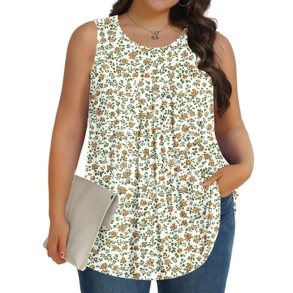 Xixinqiwan No Boundaries Women's Sleeveless Plus Size Tops Pleated Floral Summer Tank Tops 2025 Dressy Casual Crewneck Blouse Tshirts