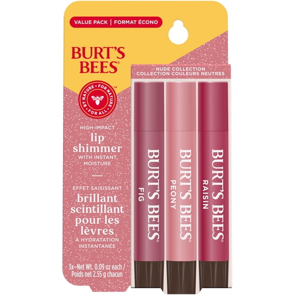 Burt's Bees Lip Shimmer, 100% Natural Origin Lip Gloss, Tinted Lip Colour | Get Soft and Hydrated Lips | Pack of 3 - (Nude) Peony, Fig, Raisin