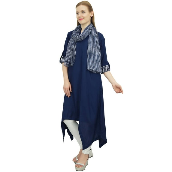 Bimba Women's Navy Blue Rayon Kurta With Scarf Asymmetrial Hem Ethnic Dress - 14