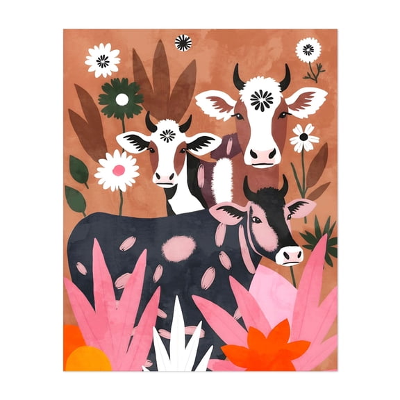 Pichwai Twist Cows Farm Animals - Painting Illustration Animal Farmhouse Floral Botanical Whimsical Modern Art Unframed Wall Art Print 6 x 8 inches