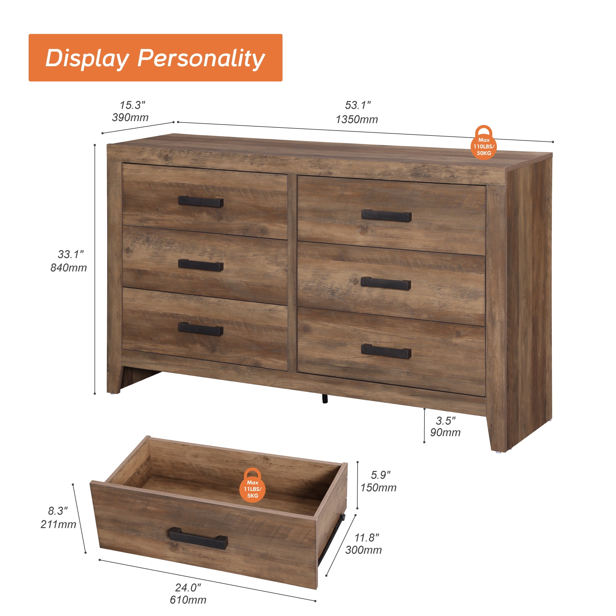 WAMPAT Farmhouse Dresser for Bedroom, 53 Inch Farmhouse Wood Storage Cabinet with 6 Drawers, Rustic Chest of Drawers for Living Room & Hallway