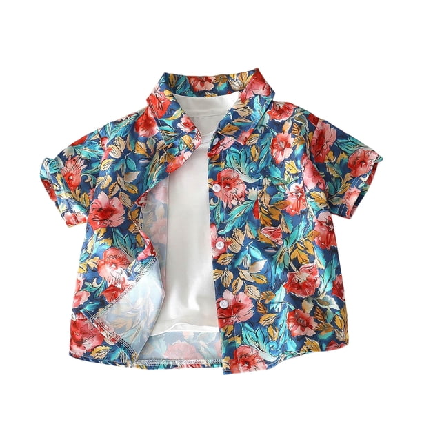 Corto Vestido de Verano Floral Camisa de Solapa de Manga Corta de los Niños con Patrones Florales Vestido Floral de Seda de Estilo de Playa Casual