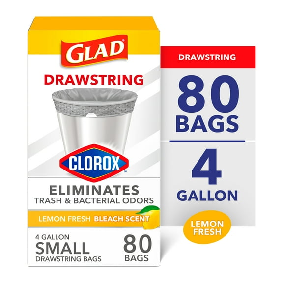 Glad Drawstring Small Trash Bags With Clorox, 4 Gallon, Lemon Fresh Bleach Scent, 80 Bags