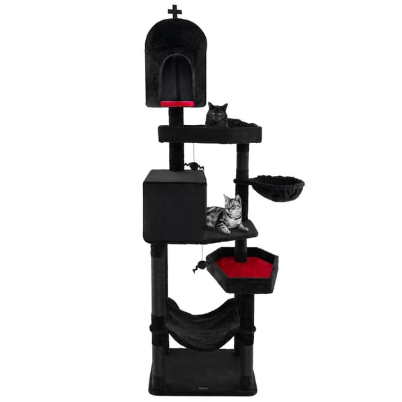 RTYJGD Gothic Halloween cat climbing frame with black and red color scheme, 83 inches high, 2 coffin beds castle apartment hammock, sisal grab post, anti tipping cat furniture