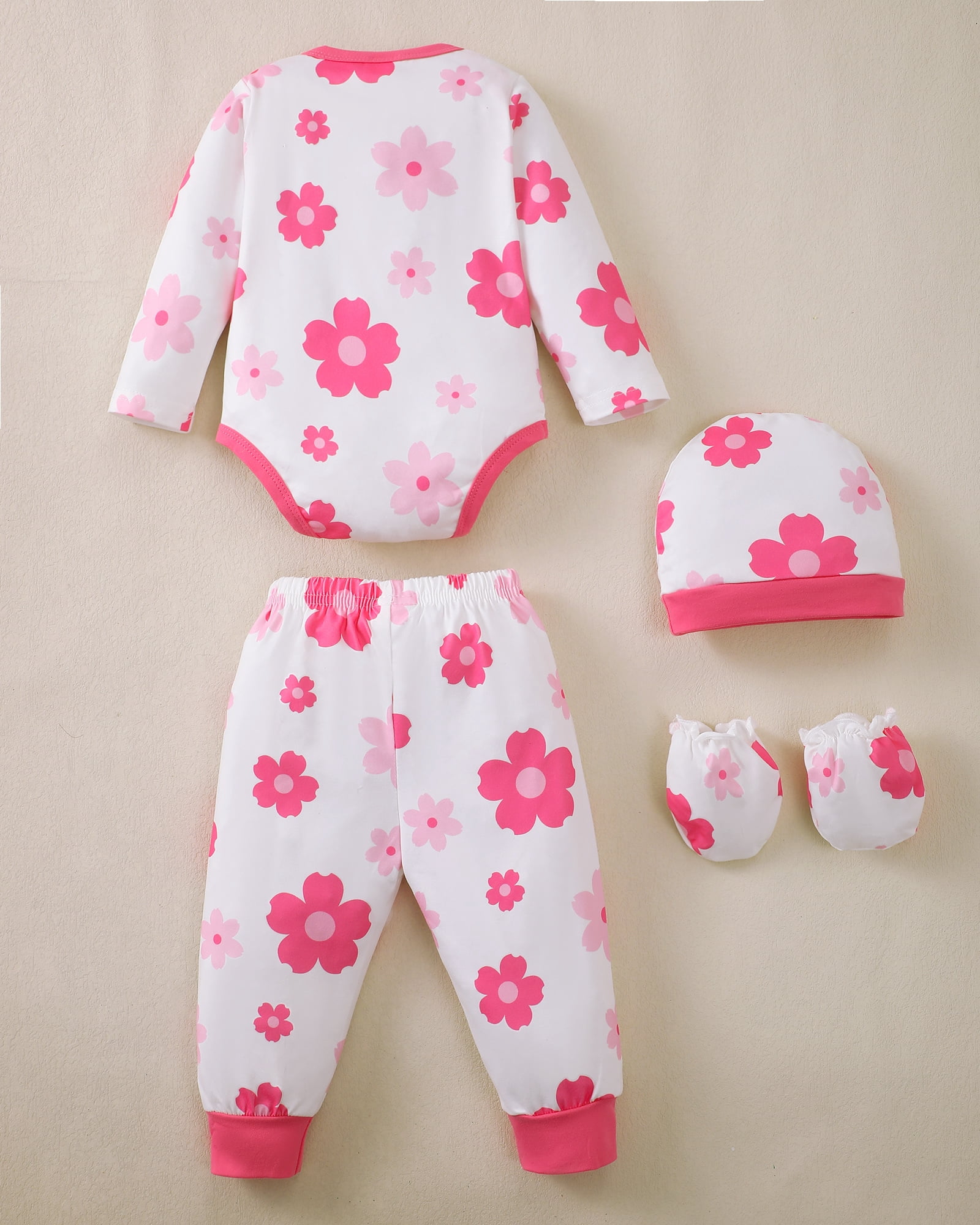KIMI BEAR Newborn Baby Girls Layette Set 4 Packs 0-3 Months Winter Clothes Outfits Long Sleeves Romper Top Pants Gloves Hats 16 Piece Essentials Accessories Clothing Gift Sets Pink