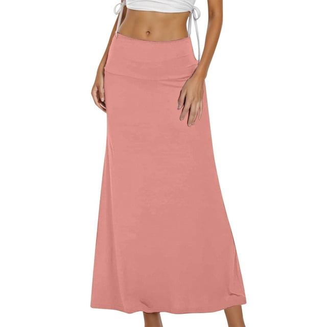 Women's High Waist Ruched Stretchy A Line Flared Midi Skirt - Casual Solid Color Maxi Skirt