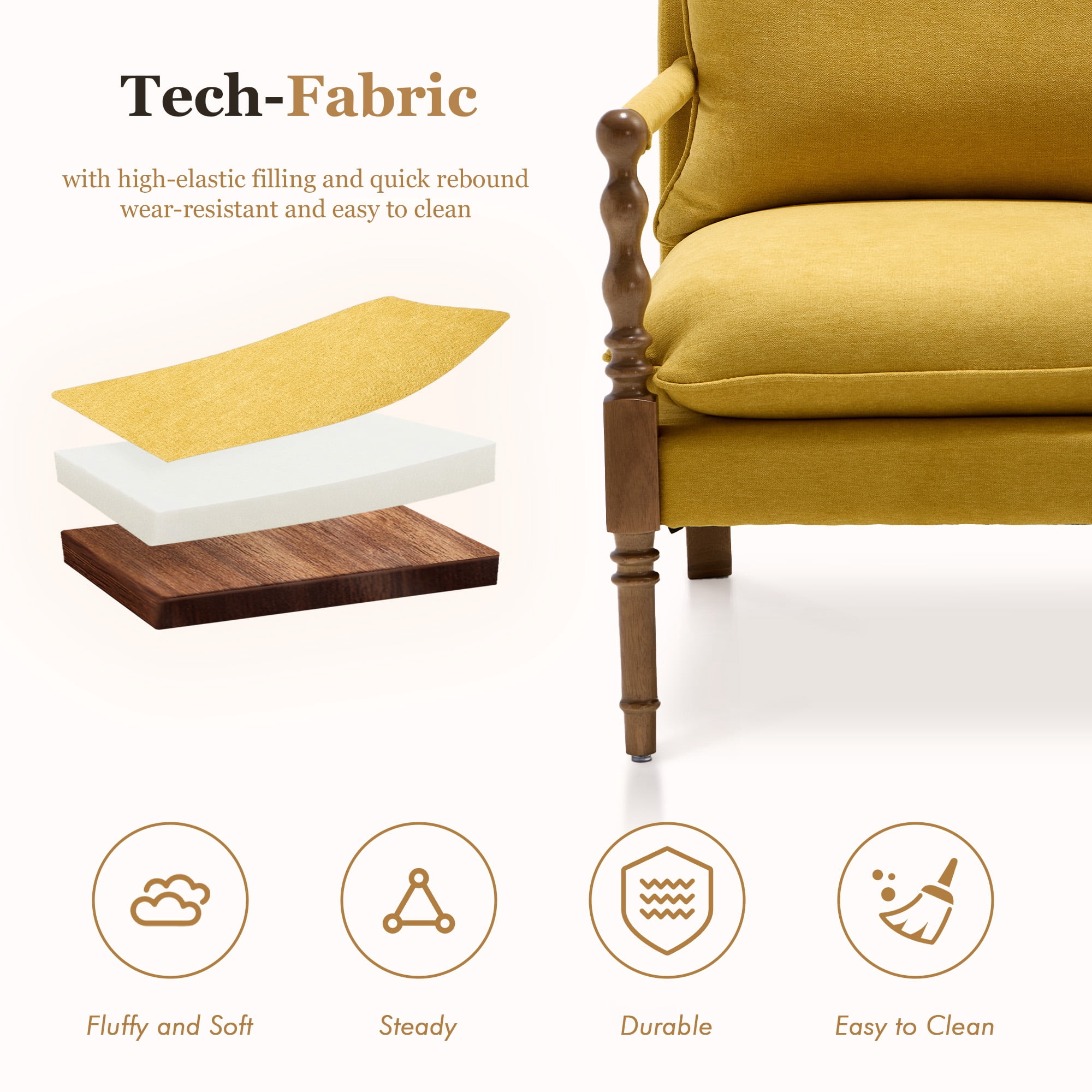 MOONMISS Vintage Spindle Accent Chair,Similar to Harper Style,Mid Century Chenille Upholstered Armchair,Yellow