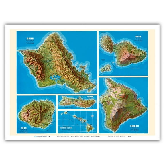 Hawaiian Islands - Oahu Kauai Maui Molokai Hawaii - Shell Oil Company - Vintage Map c.1956 - Master Art Print (Unframed) 9in x 12in