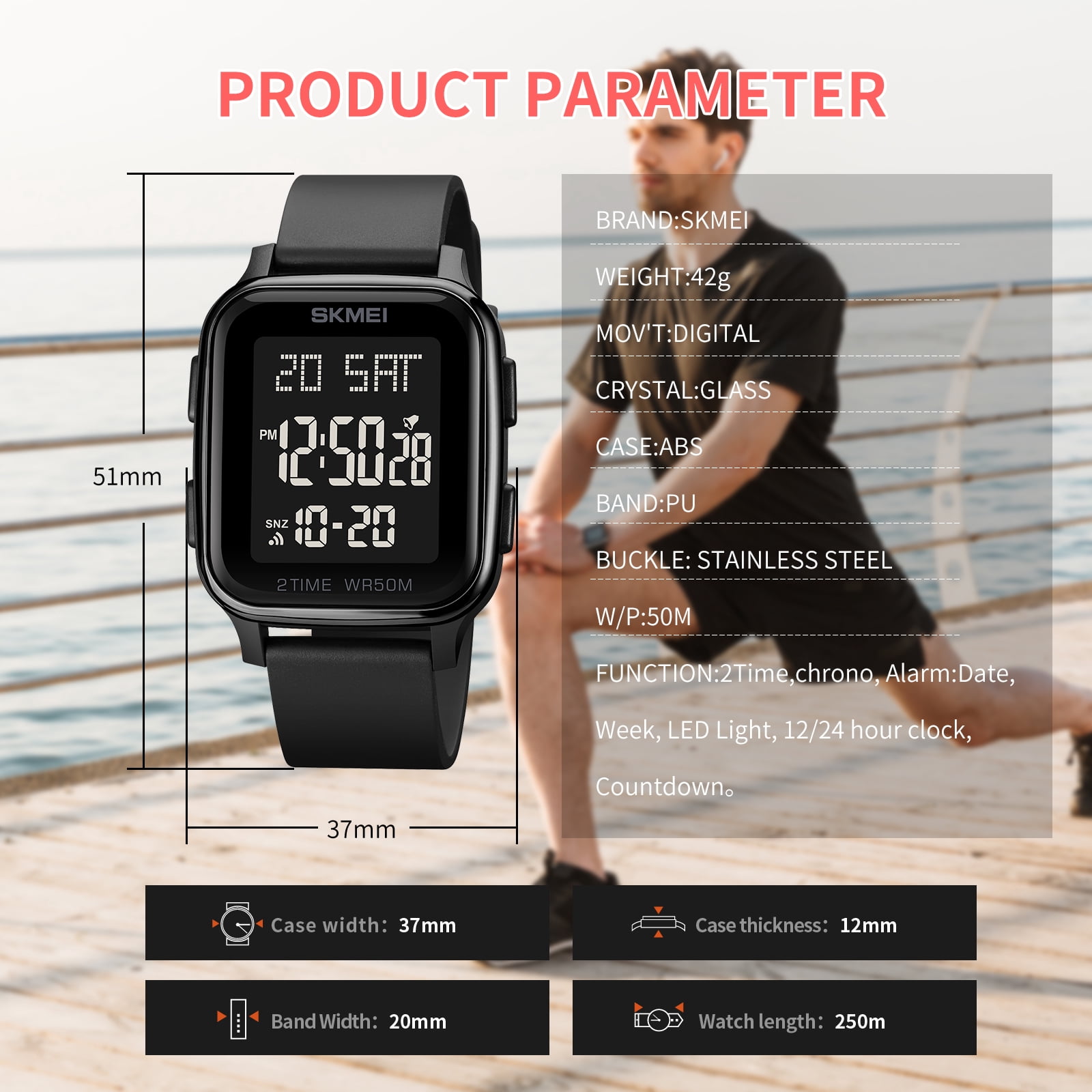 SKMEI Men's Digital Multifunction Watch Outdoor Casual Square 50M Waterproof Led Light Wristwatch