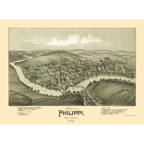 Historic Panoramic View - Phillippi West Virginia - Fowler 1897 - 23 x 31.48 - Vintage Wall Art