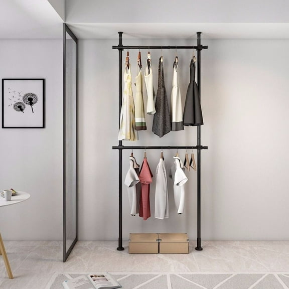 2 Tiers Rod Closet Organizer Garment Rack Clothes Hanger Storage Rack 2 Rails