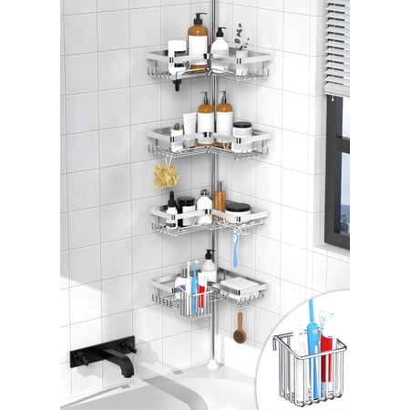 Shower Corner Tension Pole – Adjustable Organizer With Tooth Brush Holder No Drilling Rustproof Bathroom Shelf Storage Rack Fits 25-114.2 Inch