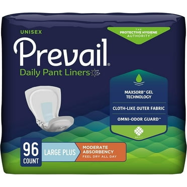 Prevail Incontinence Unisex Pant Lines, Disposable Adult Pant Liner for Men& Women, Large Plus, 96 Count (6 Packs of 16)