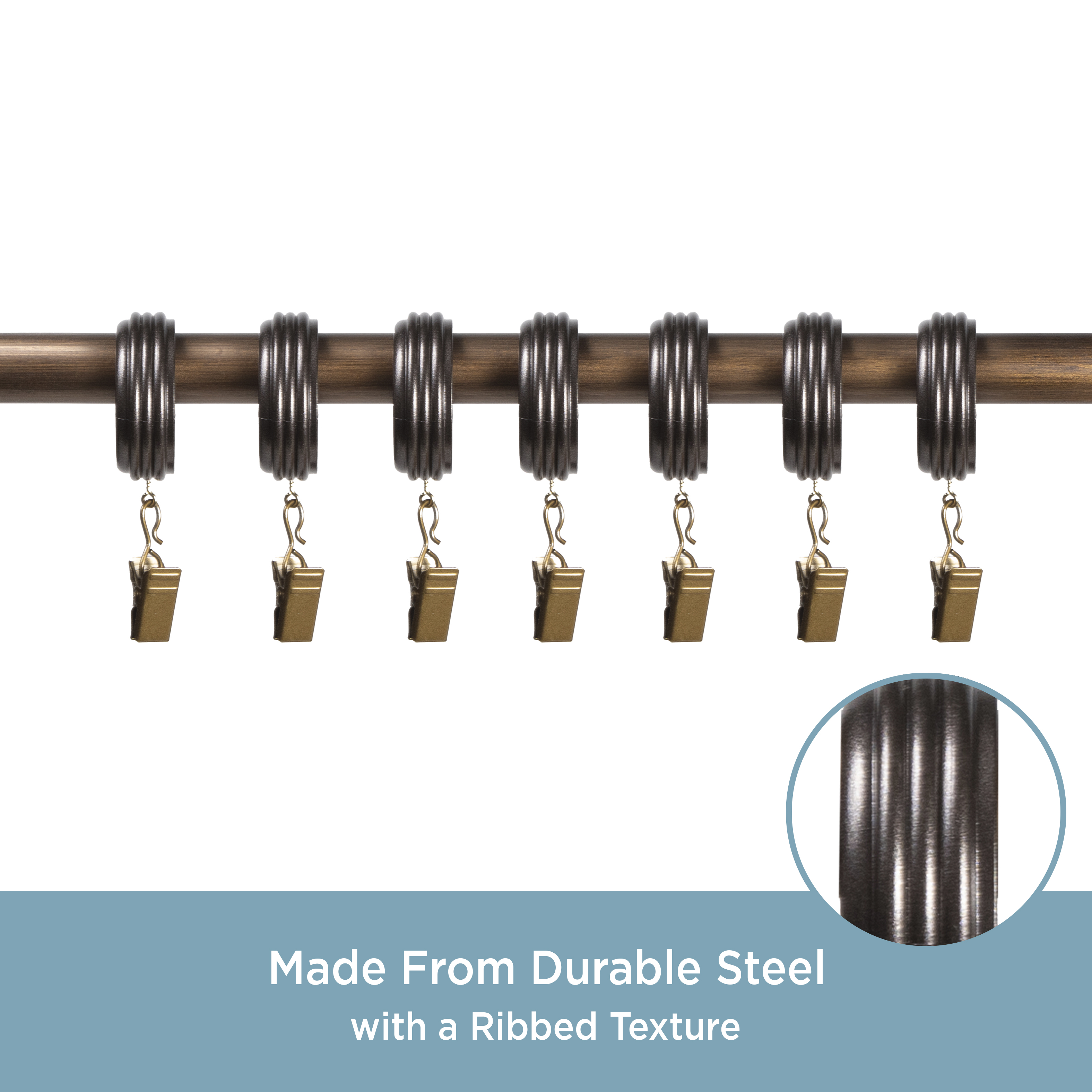 Kenney Ribbed Clip Rings for 1-1/4" Diameter Curtain Rods, Bronze, 7-Pack