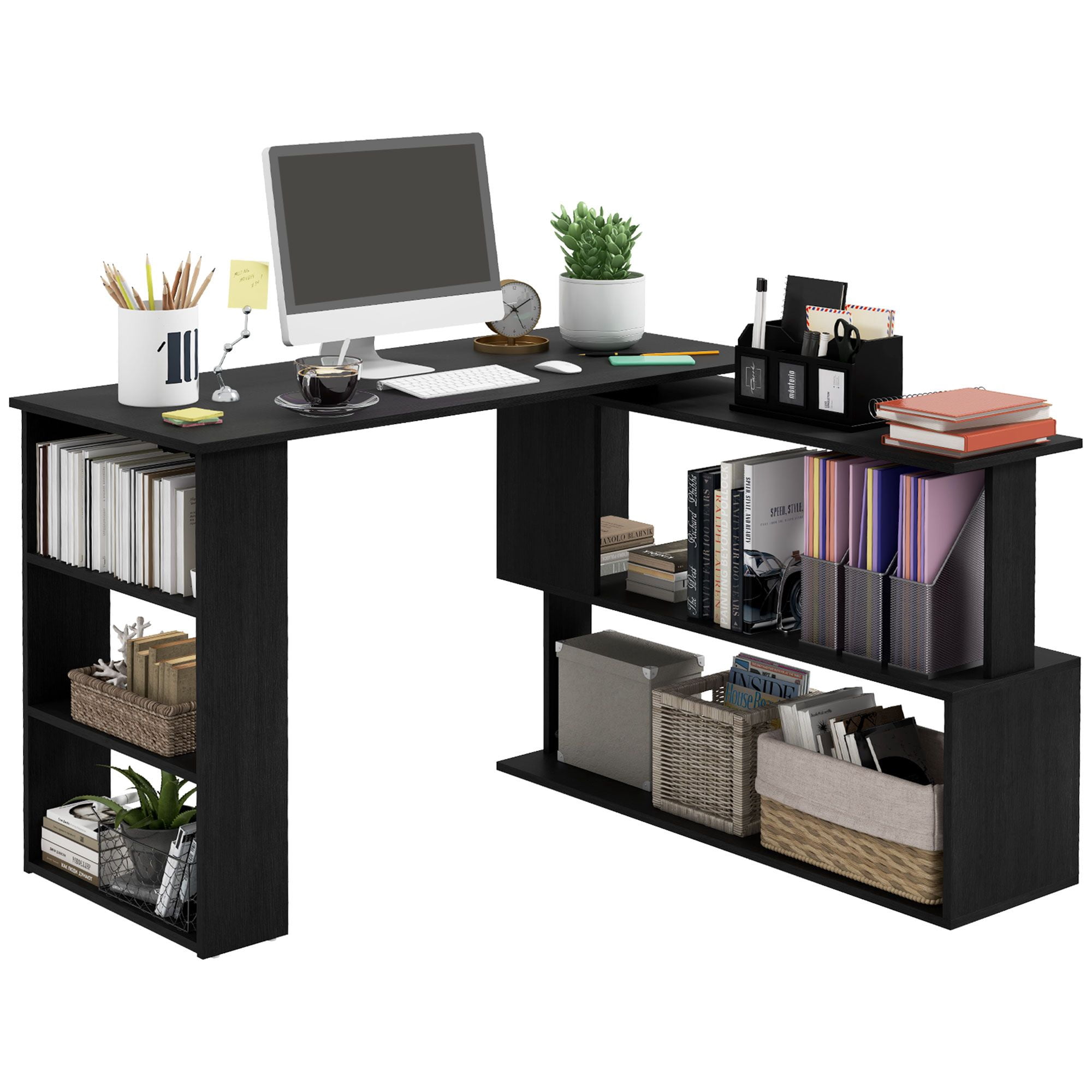 HomCom 360° Rotating Home Office Corner Desk and Storage Shelf Combo Modern L Shaped Rotating Computer Desk with Bookshelves
