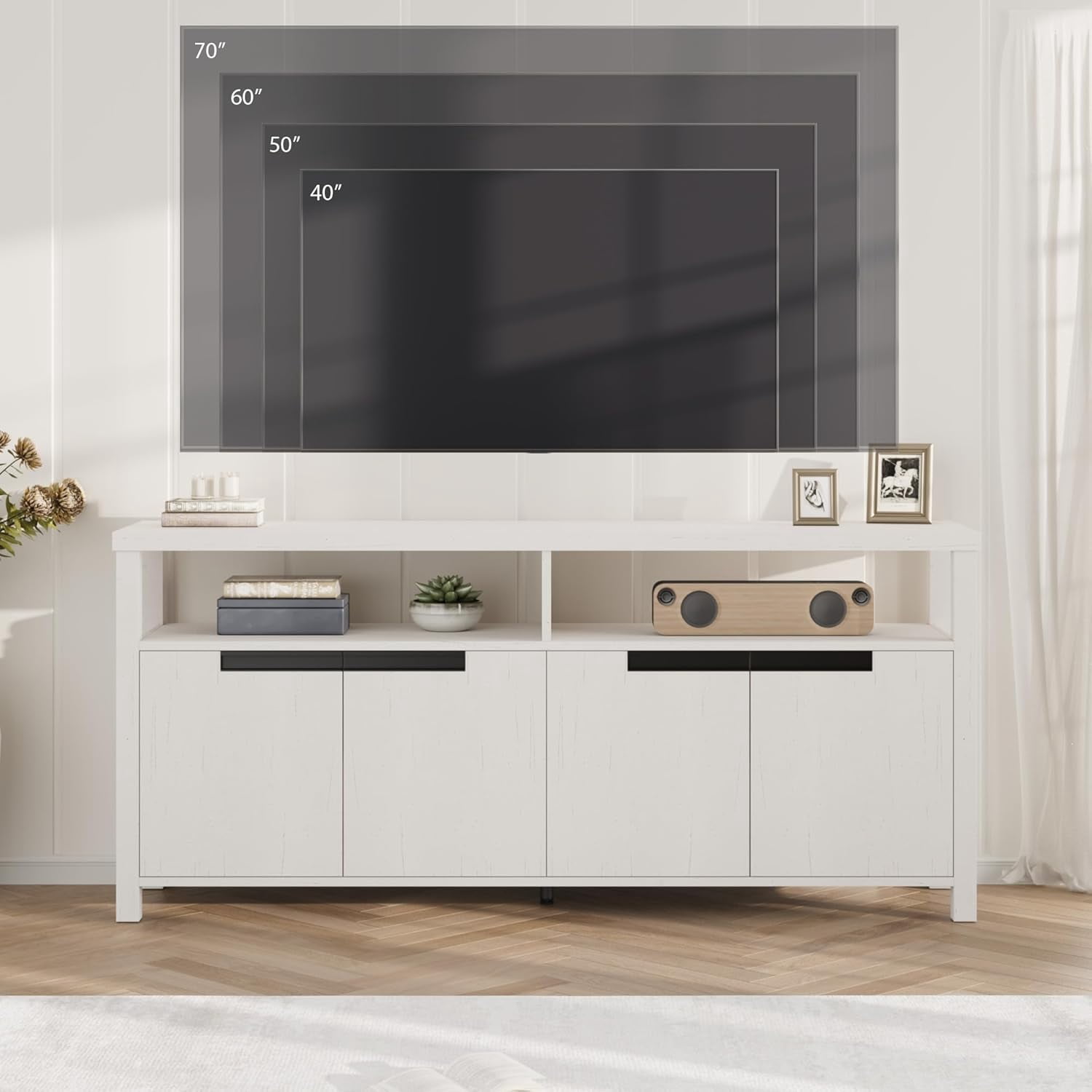 Garvee Boho TV Stand for TVs up to 70 Inch, 63" Rustic Entertainment Center with 4 Doors & Open Shelf, Adjustable Storage for Living Room, Bedroom, White