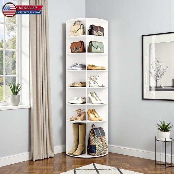 Hassch 7-Tier Rotating Shoe Rack, 360° Revolving Corner Organizer Tower for Bedroom Entryway Closet, Holds 28-32 Pairs of Shoes Handbags Hats Display Decor (White)