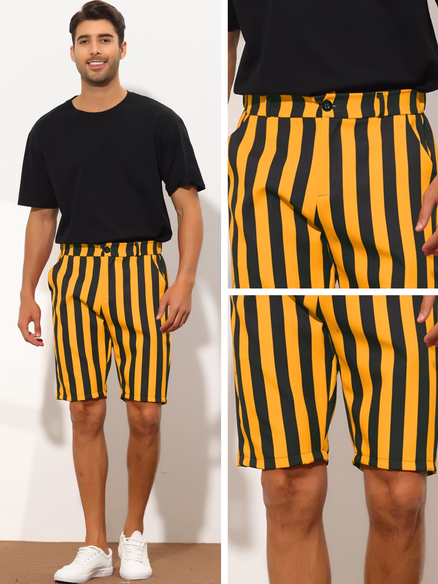 Unique Bargains Men's Striped Shorts Regular Fit Casual Summer Dress Chino Shorts 30 Yellow Black
