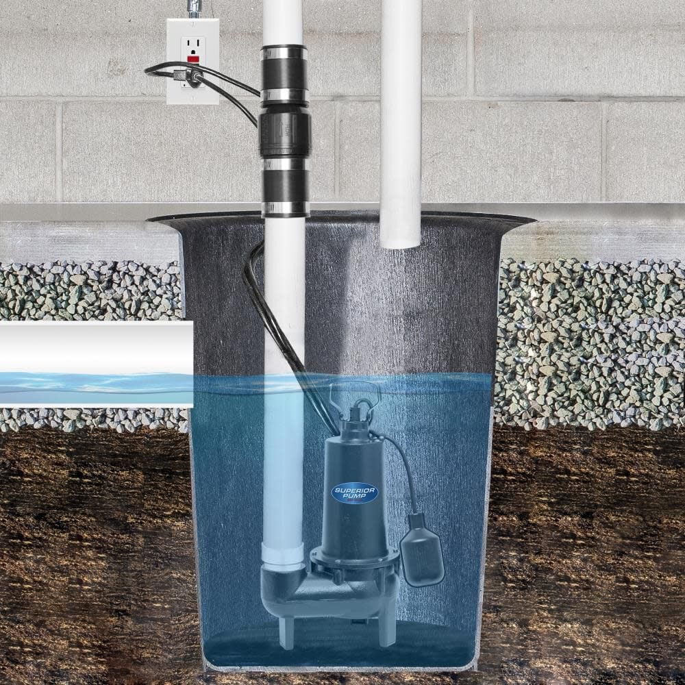 Superior Pump 93501 Continuous Duty Water Sump Pump, 80 Gpm, 1/2 HP, 120 V, 7.6 , 60 Hz, 10 ft
