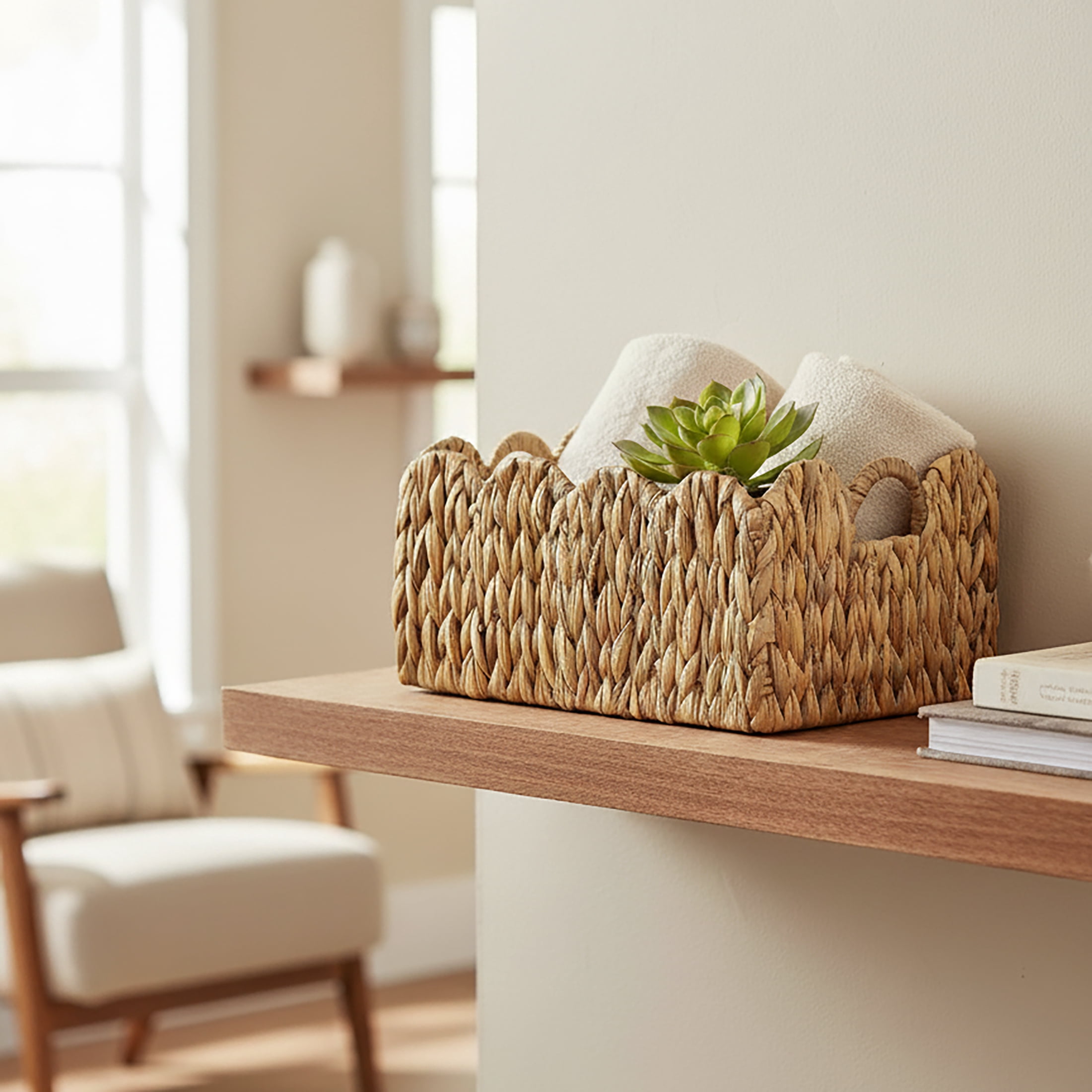 LAQUEDECRAFT Wavy Edges Water Hyacinth Storage Baskets with Handles | Perfect for Towels, Toys & Home Décor in Living Room, Nusery, Bathroom
