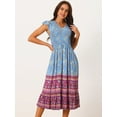 thumbnail image 3 of Unique Bargains Women's Floral Flutter Sleeve Smocked High Waist Flowy Boho Dress L Blue, 3 of 6