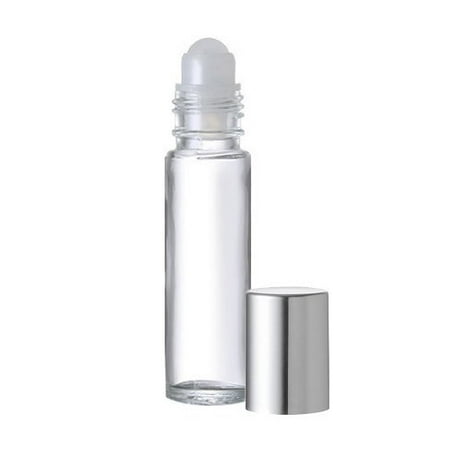 Roll On Bottle - 2 Empty Travel Size.33 Fl. Oz./10 Clear Glass Roll on Perfume Bottles with Metallic Silver Tops