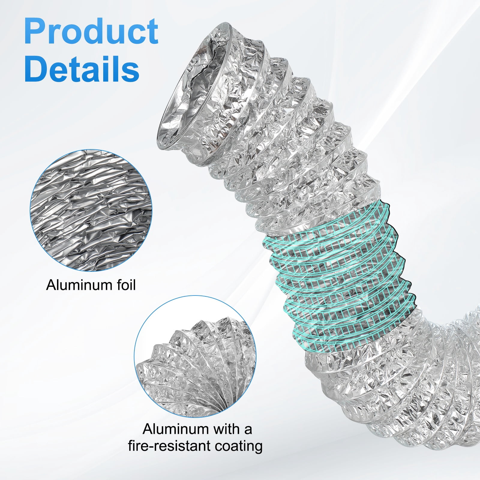 Uxcell 16Ft Dryer Vent Hose 6" Dia. Flexible Aluminum Ducting 2 Clamps Included, Silver
