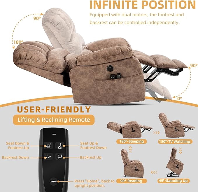 Tall Man Oversized Dual Motor Power Lift Recliner w/Heat Massage, Large Lay Flat Sleeper Electric Recliner with Extended Footrest for Elderly, Lumbar Pillow, USB & Type-C Ports, Plush-Brown
