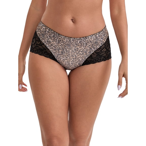 INSPIRE CHIC Women's Lace Stitching Leopard Print Butt-Lifting Tummy Control Mid Rise Panties Breathable Full Coverage Boyshorts S Light Brown