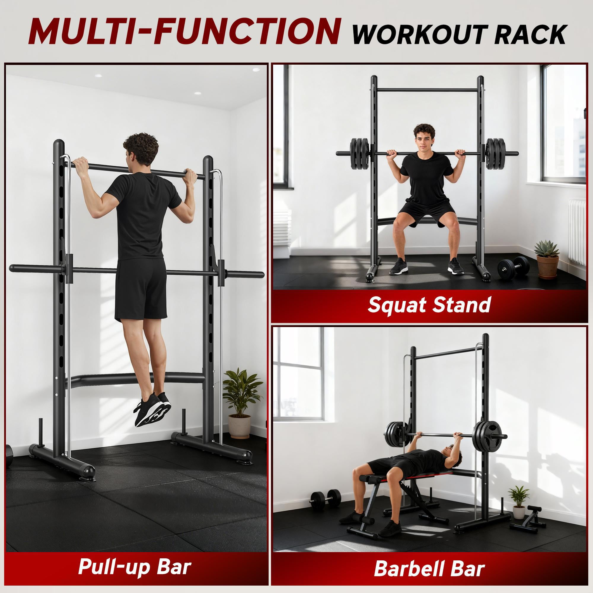Demi Bonn Multi-Function Squat Rack with Pull Up Bar & Barbell Bar - Adjustable Bench Press Half Rack for Weight Lifting ,Black