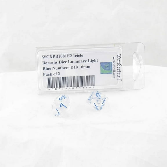 Icicle Borealis Dice Luminary with Light Blue Numbers D10 Aprox 16mm (5/8in) Pack of 2 Wondertrail